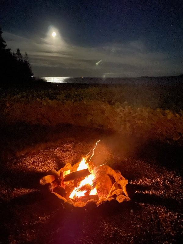 Firelight, reflective lake light and moonlight. 